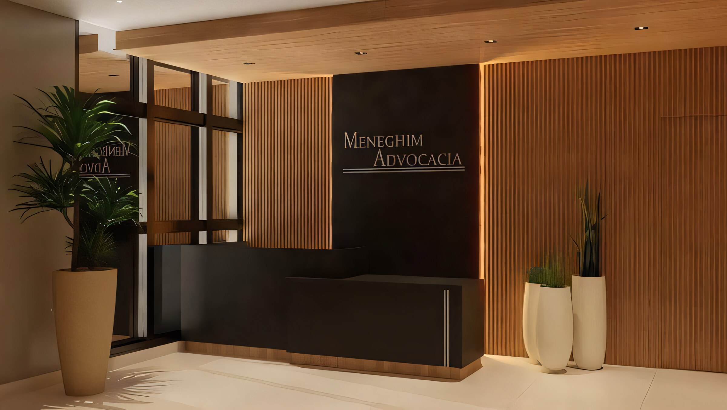 Recep&ccedil;&atilde;o do escrit&oacute;rio Meneghim Advocacia, em Botucatu
